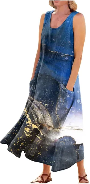 Womens Plus Size Summer Dresses 2025 Gradient Ombre Loose Casual Vacation Sleeveless Boho Tank Midi Pockets Sundresses
