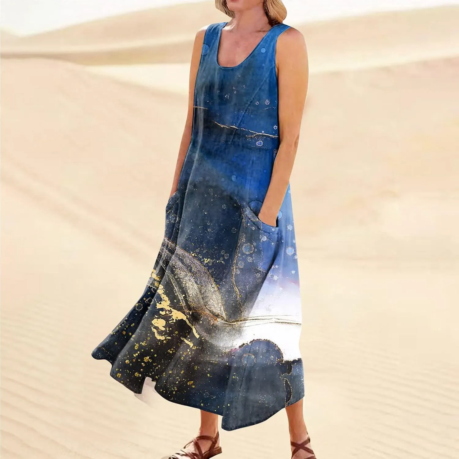 Womens Plus Size Summer Dresses 2025 Gradient Ombre Loose Casual Vacation Sleeveless Boho Tank Midi Pockets Sundresses