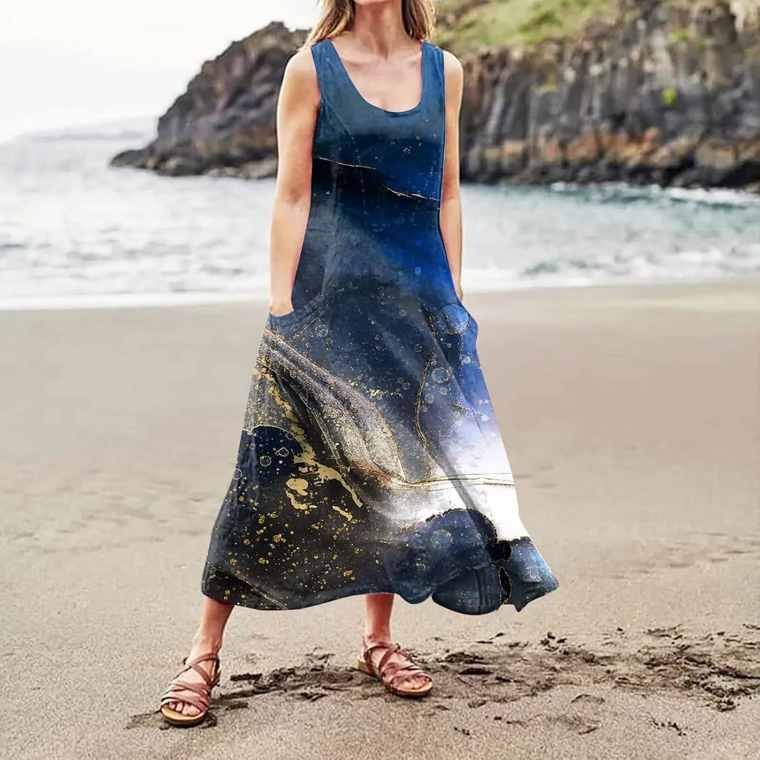 Womens Plus Size Summer Dresses 2025 Gradient Ombre Loose Casual Vacation Sleeveless Boho Tank Midi Pockets Sundresses
