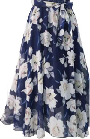 Womens Retro Boho Floral Print Maxi Skirts Chiffon High Waist A-Line Pleated Casual Vacation Flowy Long Midi Length Skirts