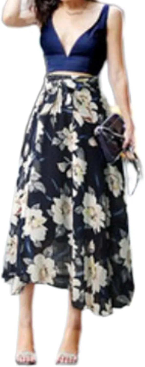 Womens Retro Boho Floral Print Maxi Skirts Chiffon High Waist A-Line Pleated Casual Vacation Flowy Long Midi Length Skirts
