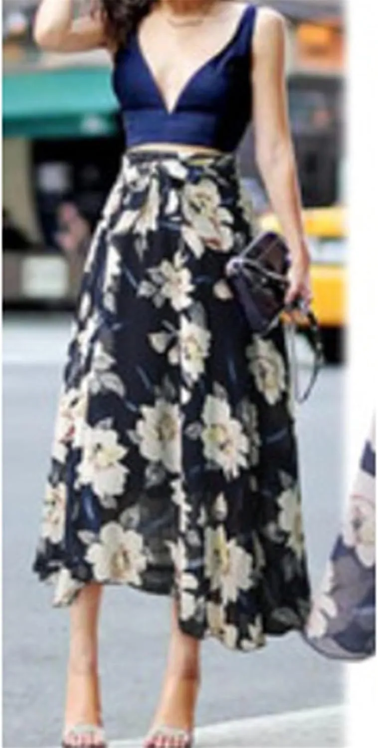 Womens Retro Boho Floral Print Maxi Skirts Chiffon High Waist A-Line Pleated Casual Vacation Flowy Long Midi Length Skirts
