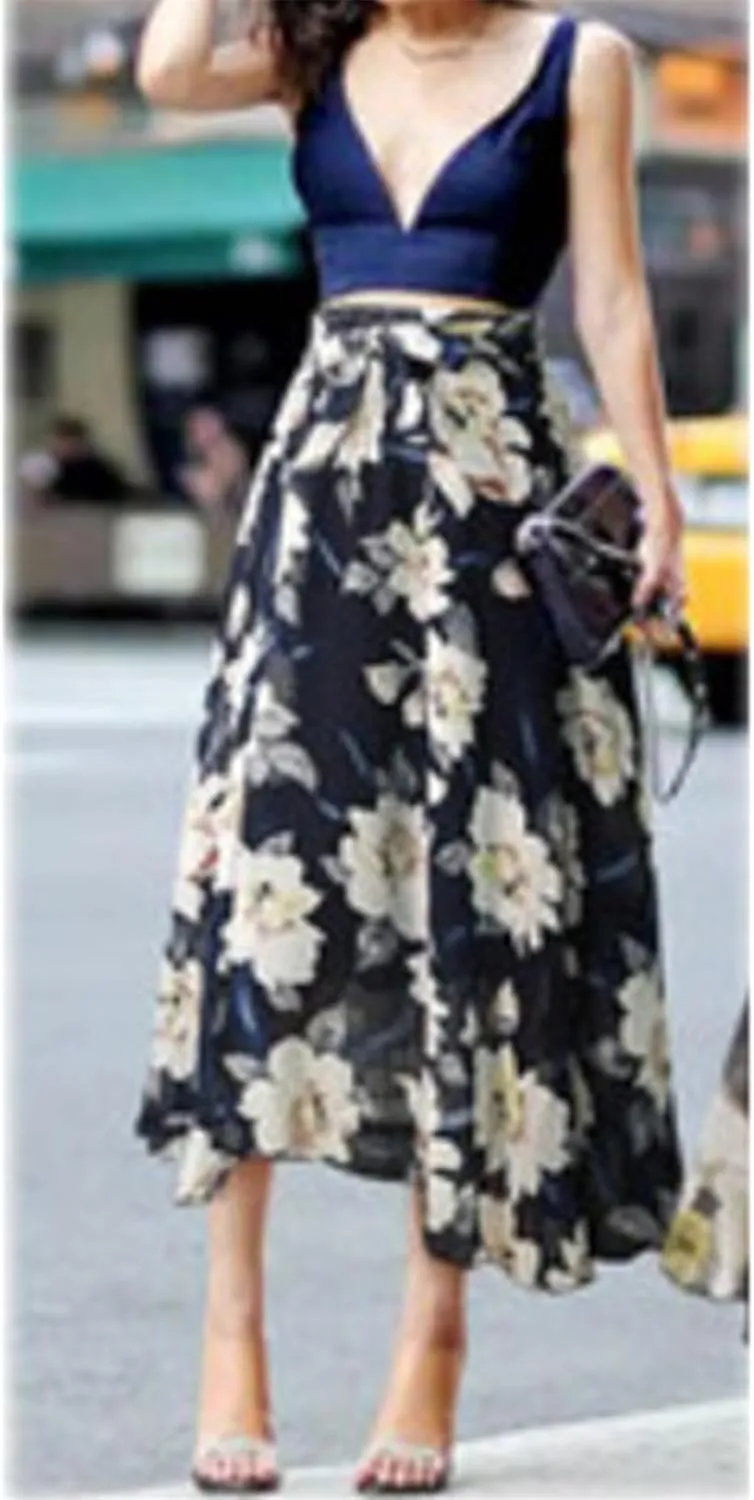 Womens Retro Boho Floral Print Maxi Skirts Chiffon High Waist A-Line Pleated Casual Vacation Flowy Long Midi Length Skirts