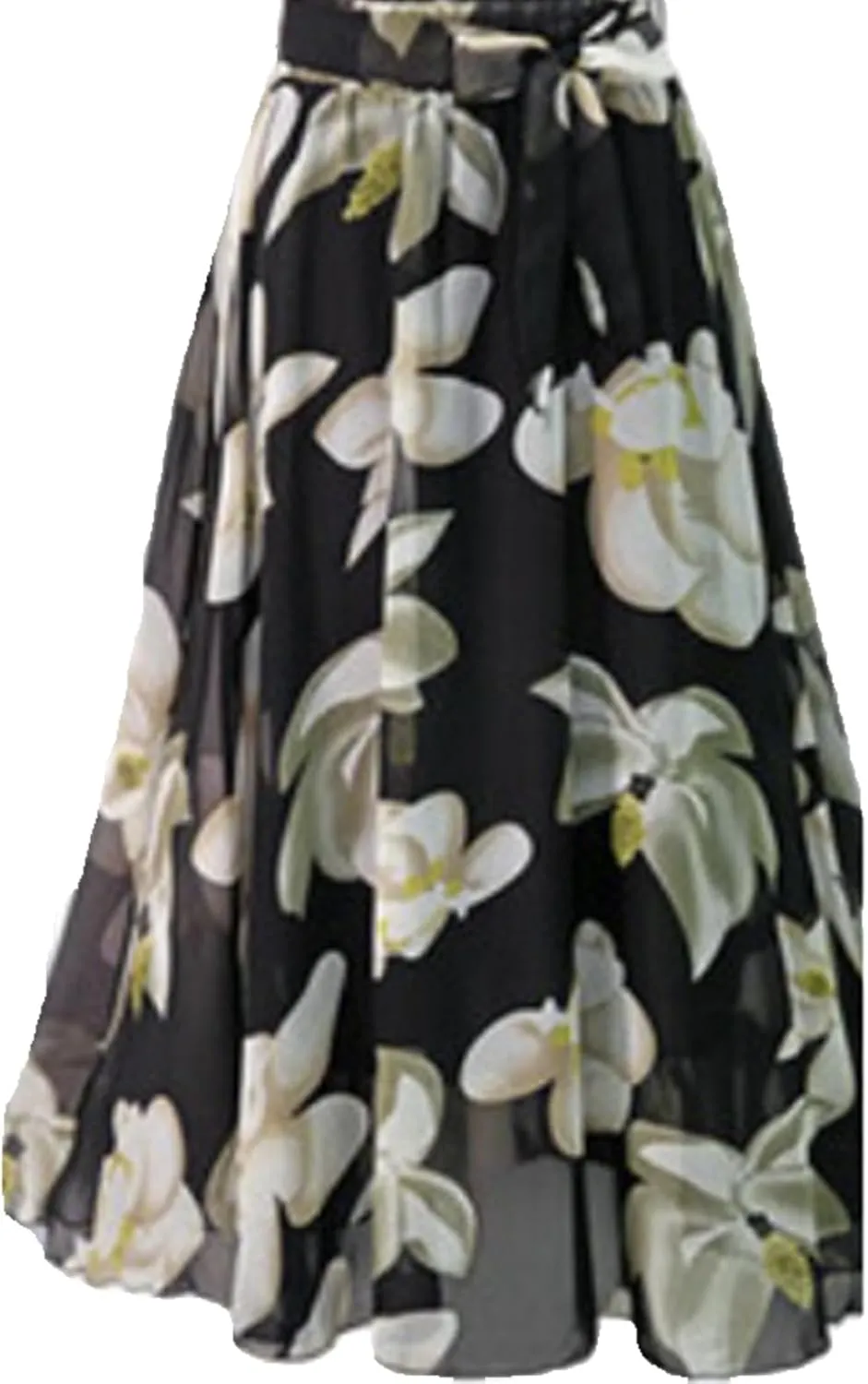 Womens Retro Boho Floral Print Maxi Skirts Chiffon High Waist A-Line Pleated Casual Vacation Flowy Long Midi Length Skirts