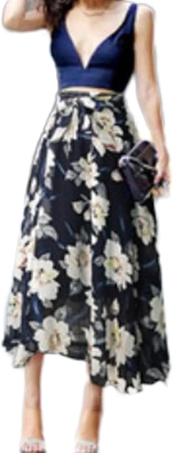 Womens Retro Boho Floral Print Maxi Skirts Chiffon High Waist A-Line Pleated Casual Vacation Flowy Long Midi Length Skirts