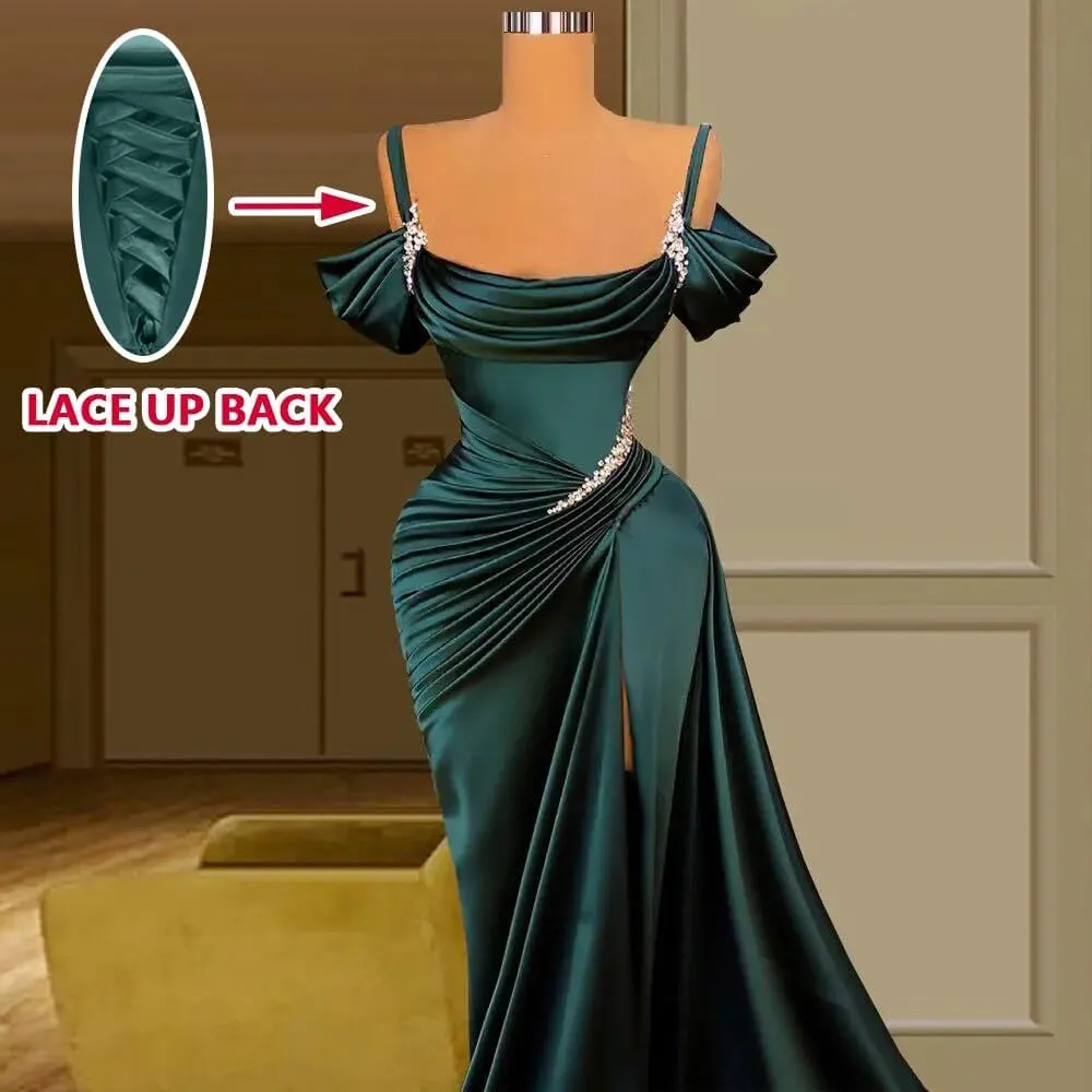 Women's Satin Mermaid Long Prom Dresses Spaghtti Straps Beaded Sparkly Formal Evening Gowns with Slit R060
