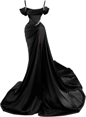 Women's Satin Mermaid Long Prom Dresses Spaghtti Straps Beaded Sparkly Formal Evening Gowns with Slit R060
