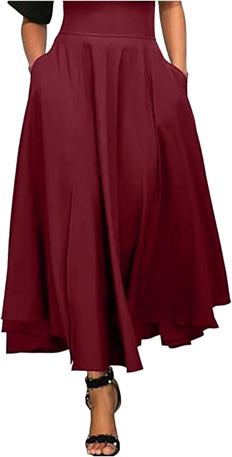 Women's Skirts Summer Casual High Waist Solid Pleated Split Long Maxi