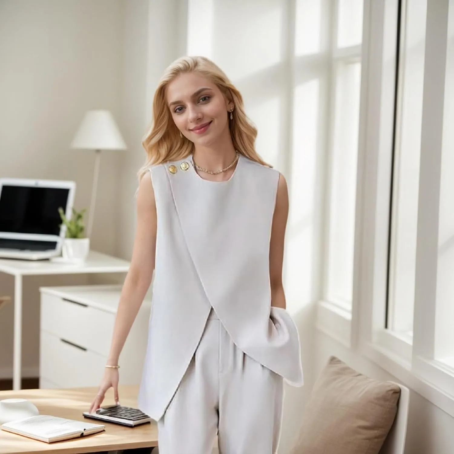 Womens Sleeveless Suit Vest and Wide Leg Pants Business Summer Casual Top Blazer Jacket Suit Sets for Women 2 Piece Outfits