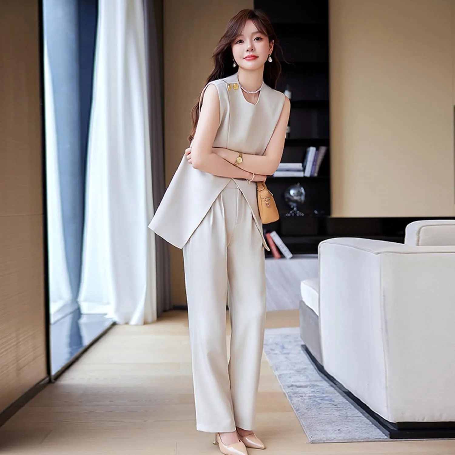 Womens Sleeveless Suit Vest and Wide Leg Pants Business Summer Casual Top Blazer Jacket Suit Sets for Women 2 Piece Outfits