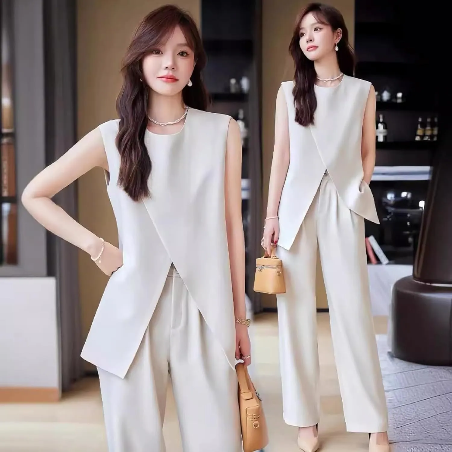 Womens Sleeveless Suit Vest and Wide Leg Pants Business Summer Casual Top Blazer Jacket Suit Sets for Women 2 Piece Outfits