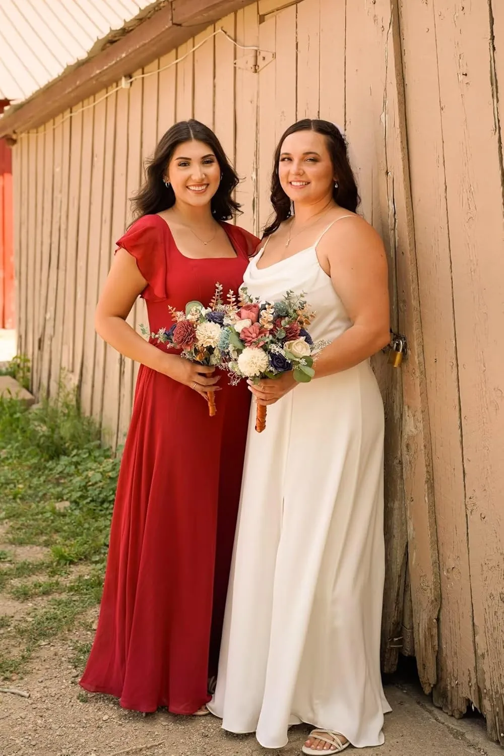 Women's Square Neck Bridesmaid Dresses Long with Sleeves Chiffon Formal Dress with Pockets