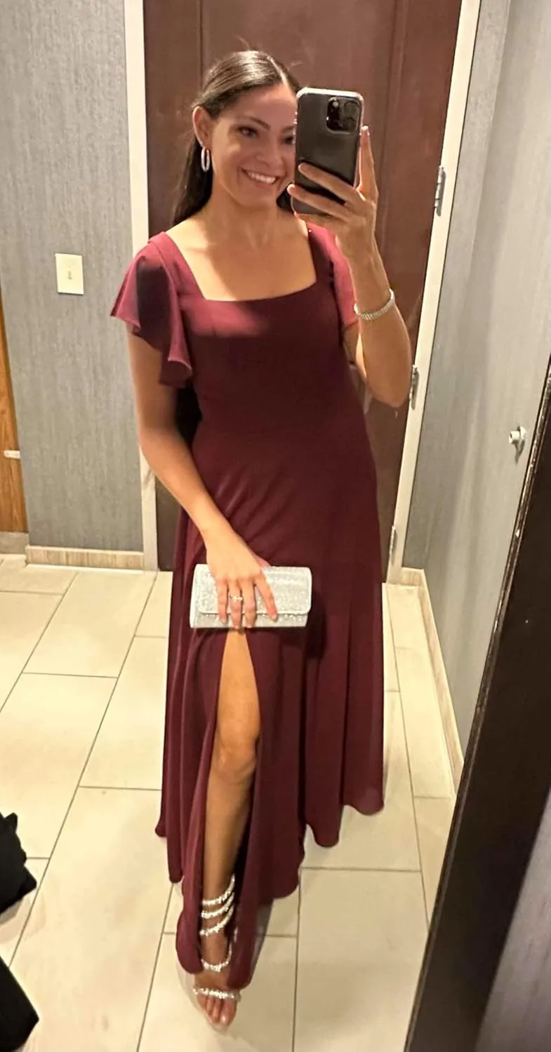 Women's Square Neck Bridesmaid Dresses Long with Sleeves Chiffon Formal Dress with Pockets