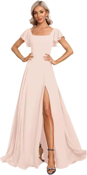 Women's Square Neck Bridesmaid Dresses Long with Sleeves Chiffon Formal Dress with Pockets