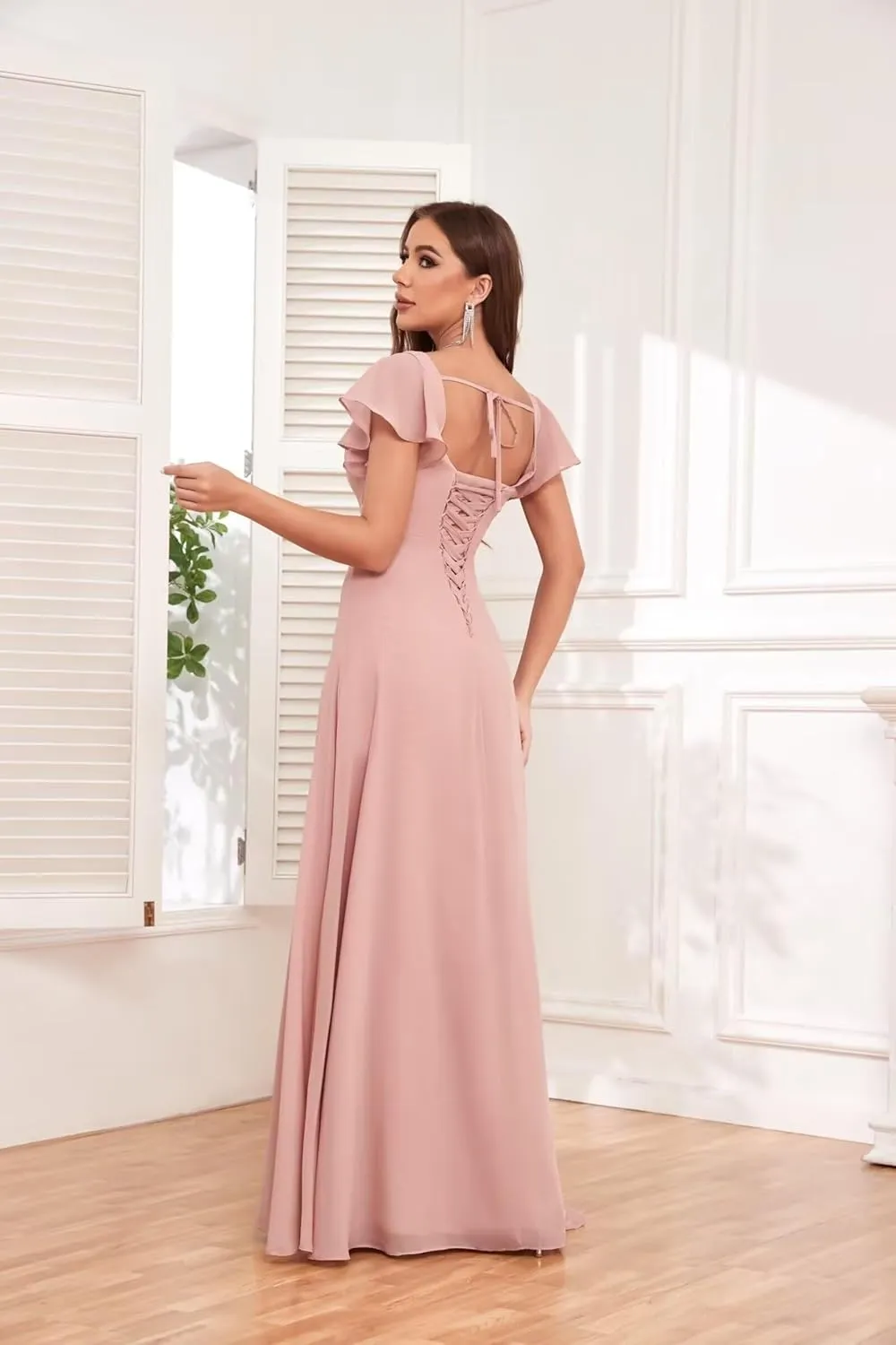 Women's Square Neck Bridesmaid Dresses Long with Sleeves Chiffon Formal Dress with Pockets