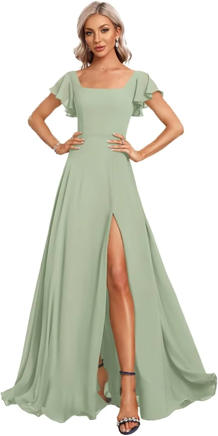 Women's Square Neck Bridesmaid Dresses Long with Sleeves Chiffon Formal Dress with Pockets