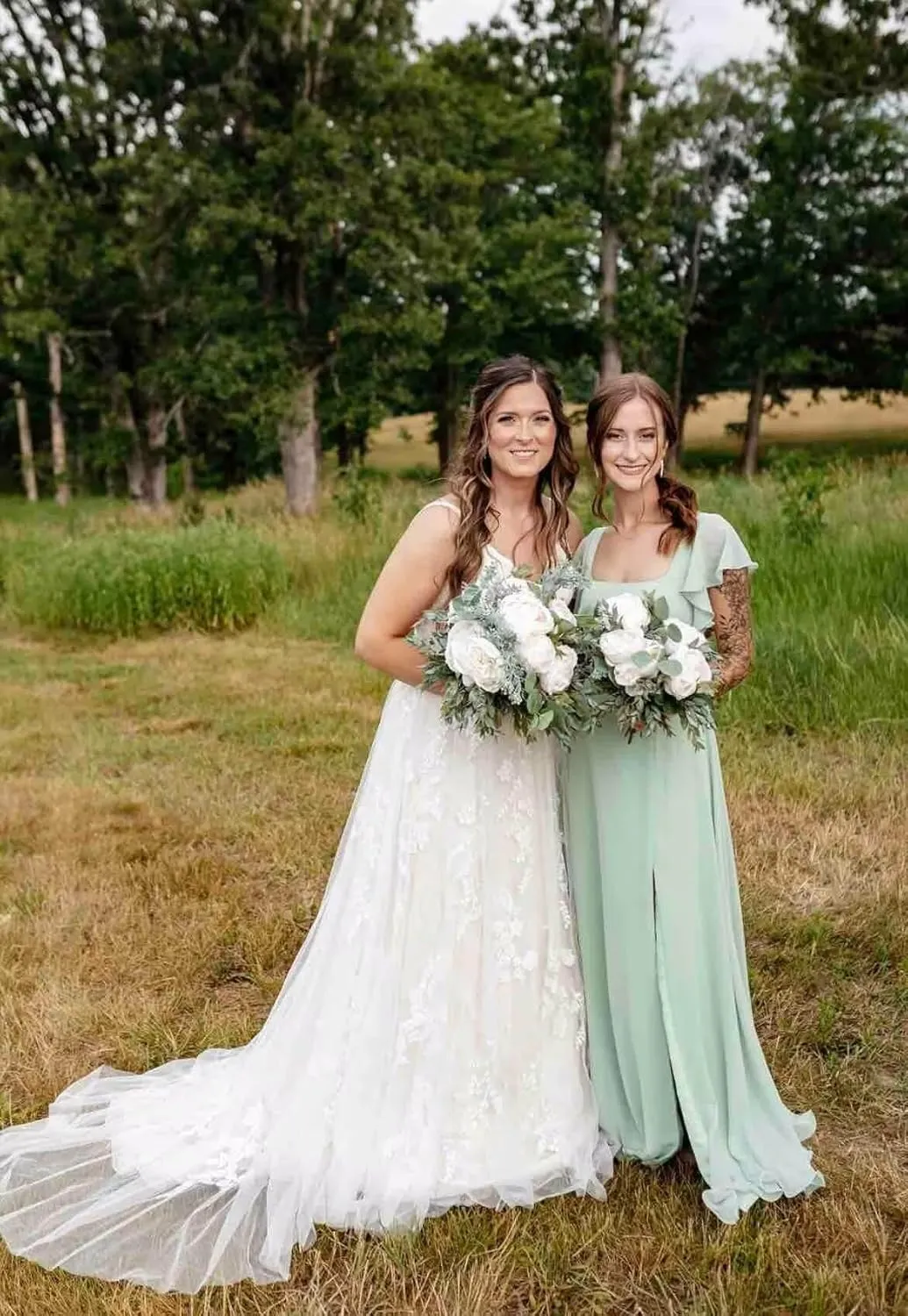 Women's Square Neck Bridesmaid Dresses Long with Sleeves Chiffon Formal Dress with Pockets