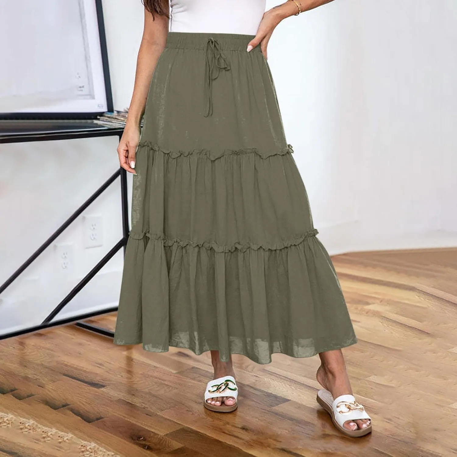 Women's Summer Casual Skirts Elastic High Waist A Line Skirt Flowy Layered Long Skirts Pencil Skirt Travel Outfit