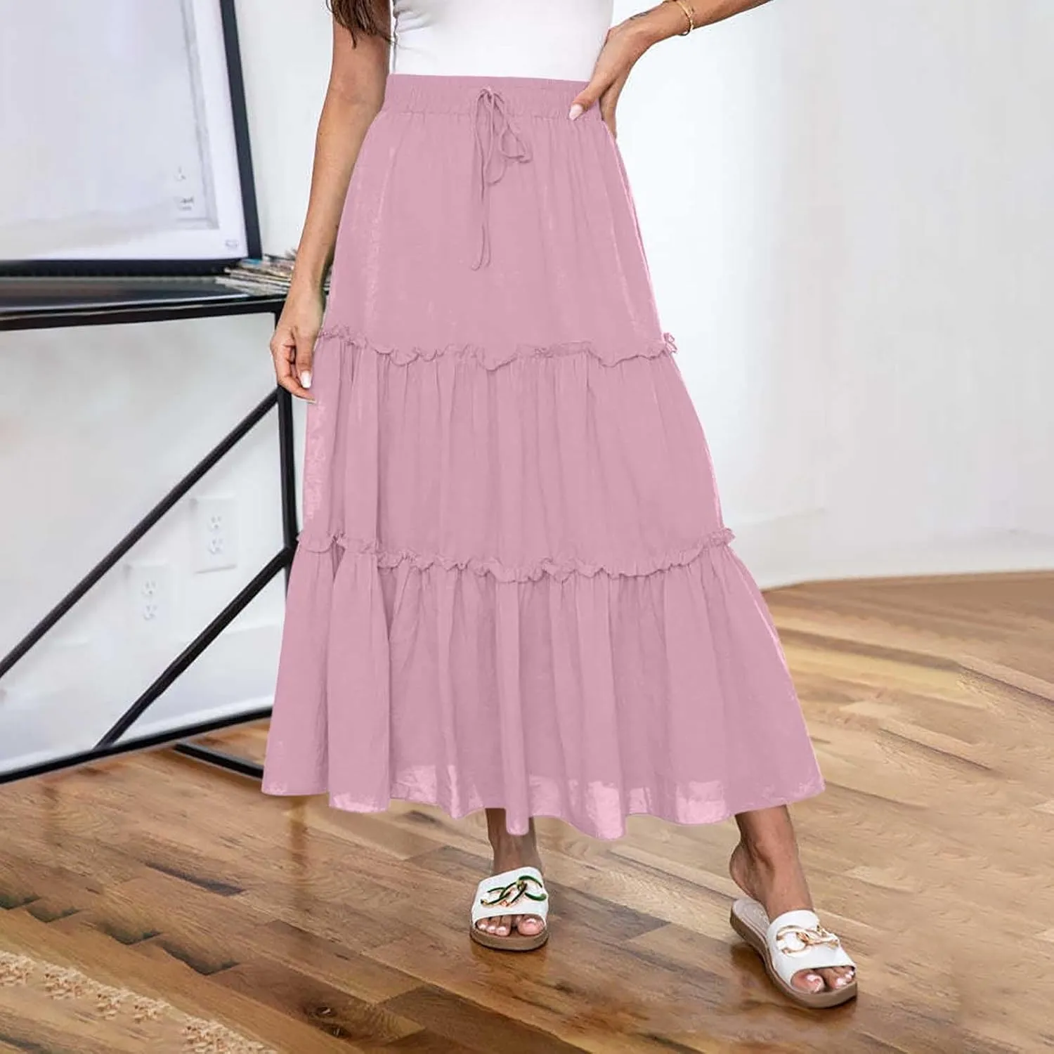 Women's Summer Casual Skirts Elastic High Waist A Line Skirt Flowy Layered Long Skirts Pencil Skirt Travel Outfit