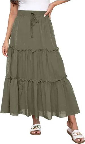 Women's Summer Casual Skirts Elastic High Waist A Line Skirt Flowy Layered Long Skirts Pencil Skirt Travel Outfit