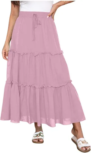 Women's Summer Casual Skirts Elastic High Waist A Line Skirt Flowy Layered Long Skirts Pencil Skirt Travel Outfit