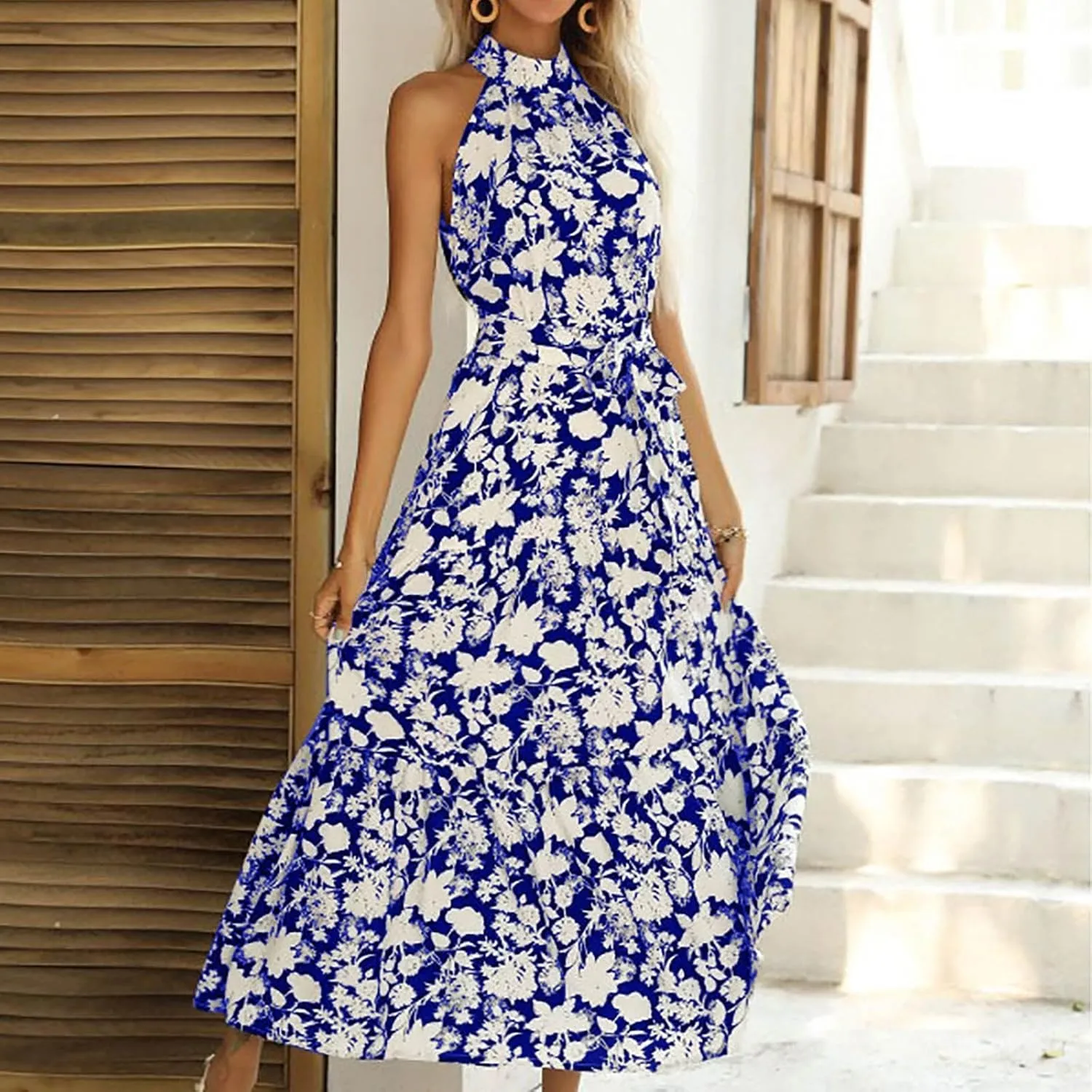 Womens Summer Dress Casual Sleeveless Floral Print Halter Neck Flowy Ruffle Hem Maxi Boho Long Dress with Belt
