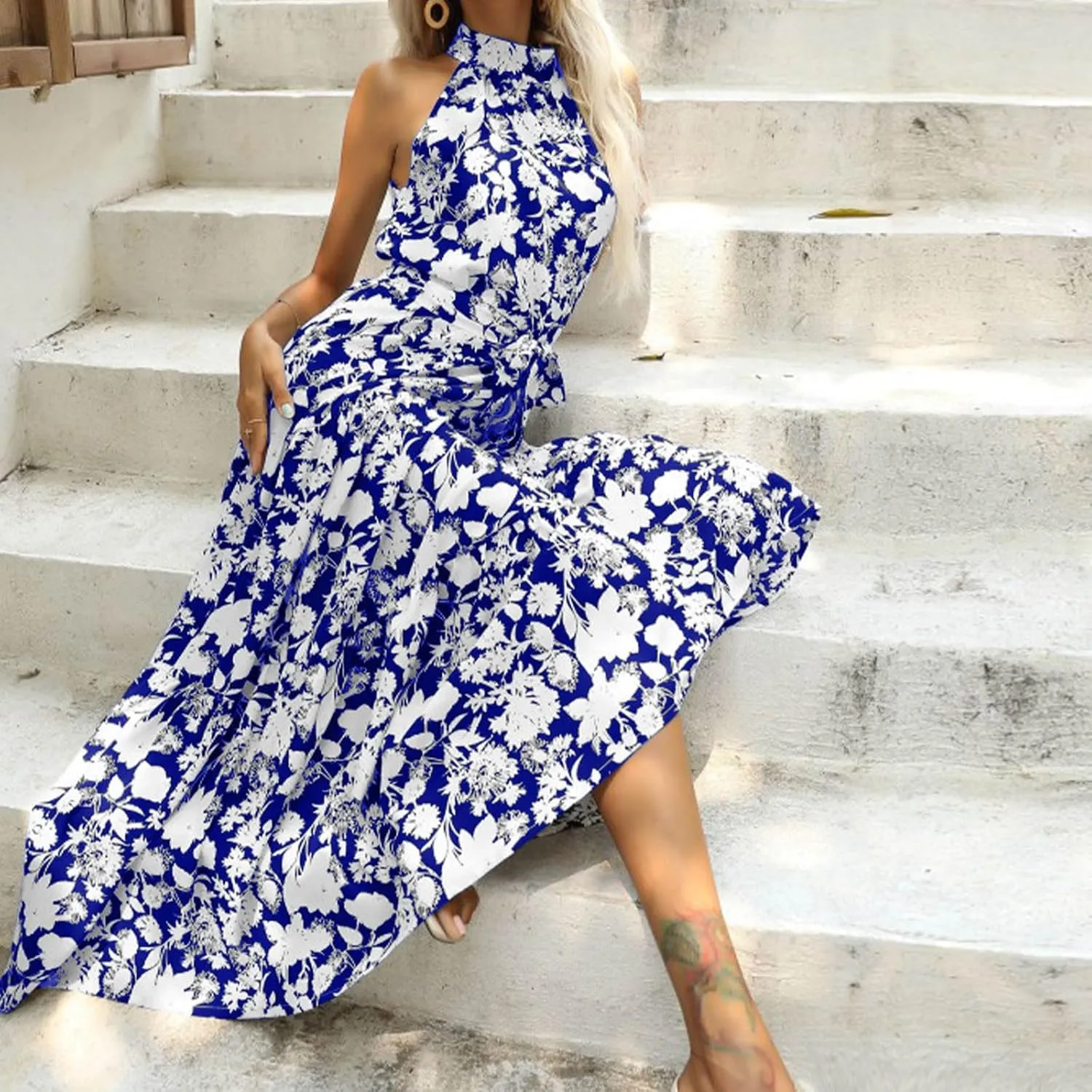 Womens Summer Dress Casual Sleeveless Floral Print Halter Neck Flowy Ruffle Hem Maxi Boho Long Dress with Belt