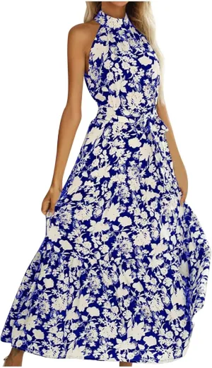 Womens Summer Dress Casual Sleeveless Floral Print Halter Neck Flowy Ruffle Hem Maxi Boho Long Dress with Belt
