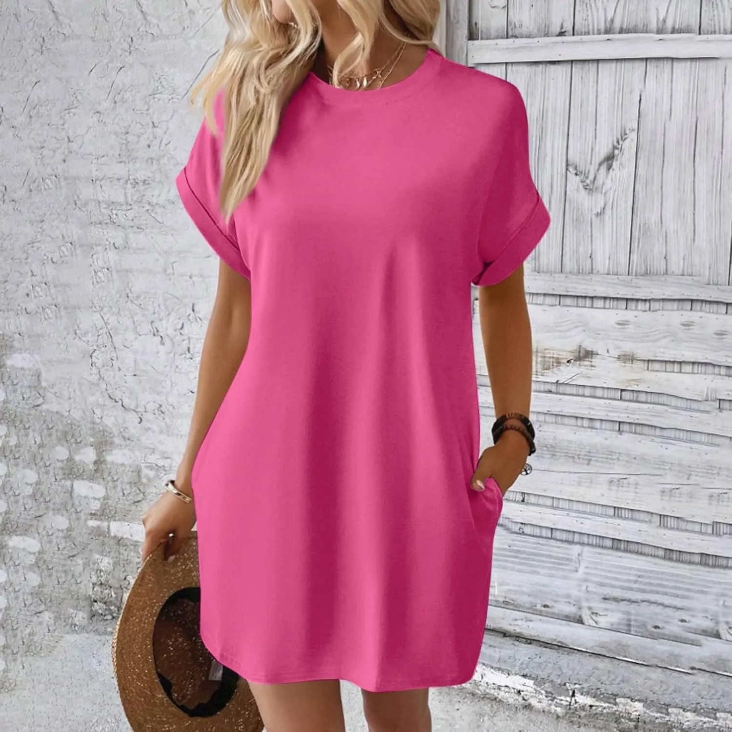 Women's Summer Dress Crewneck Short Sleeve Mini Dresses Batwing Casual Beach Vacation Tshirt Dresses with Pockets