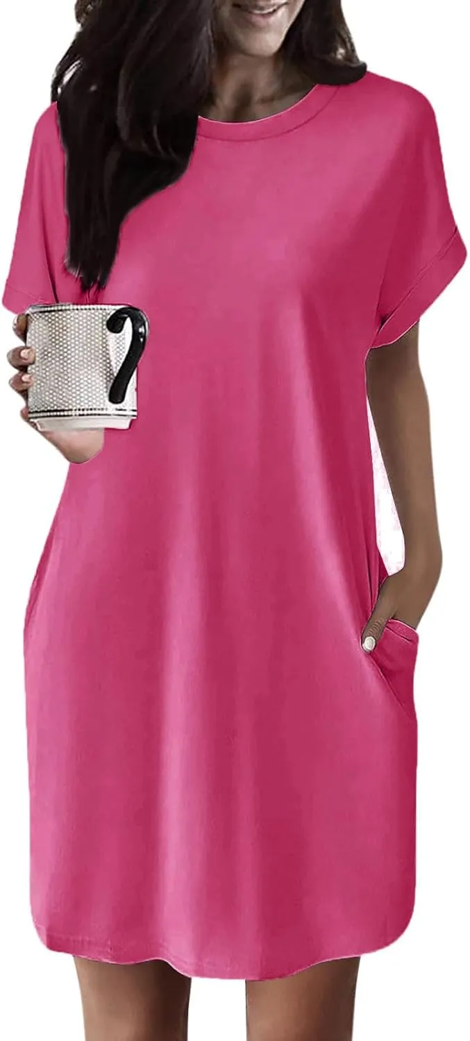 Women's Summer Dress Crewneck Short Sleeve Mini Dresses Batwing Casual Beach Vacation Tshirt Dresses with Pockets