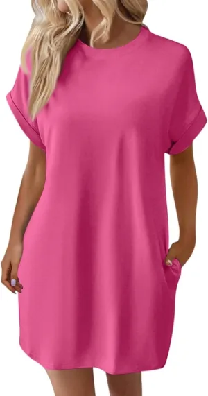 Women's Summer Dress Crewneck Short Sleeve Mini Dresses Batwing Casual Beach Vacation Tshirt Dresses with Pockets