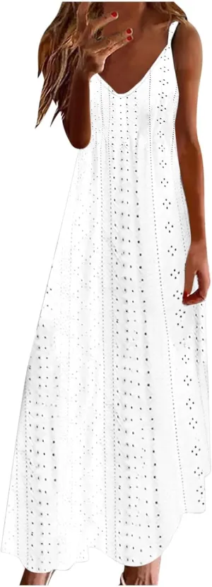 Womens Summer Dress Spaghetti Strap Long Maxi Dresses Flowy Boho Eyelet Sundresses Vacation Outfits