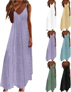 Womens Summer Dress Spaghetti Strap Long Maxi Dresses Flowy Boho Eyelet Sundresses Vacation Outfits