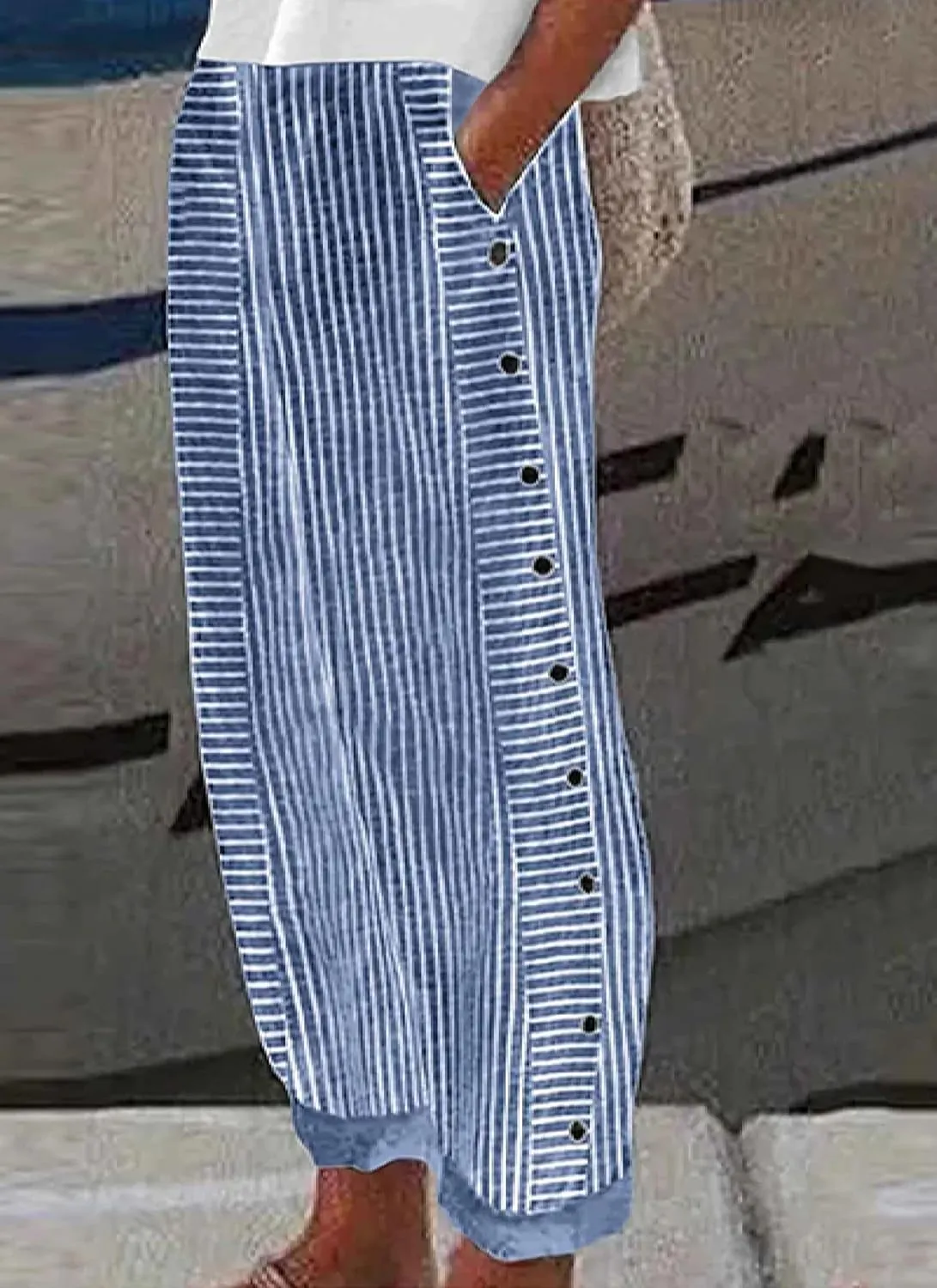Women's Summer High Waisted Baggy Harem Pants Casual Ankle Length Trouser Black Striped Button Trim Slacks with Pockets