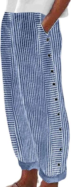Women's Summer High Waisted Baggy Harem Pants Casual Ankle Length Trouser Black Striped Button Trim Slacks with Pockets