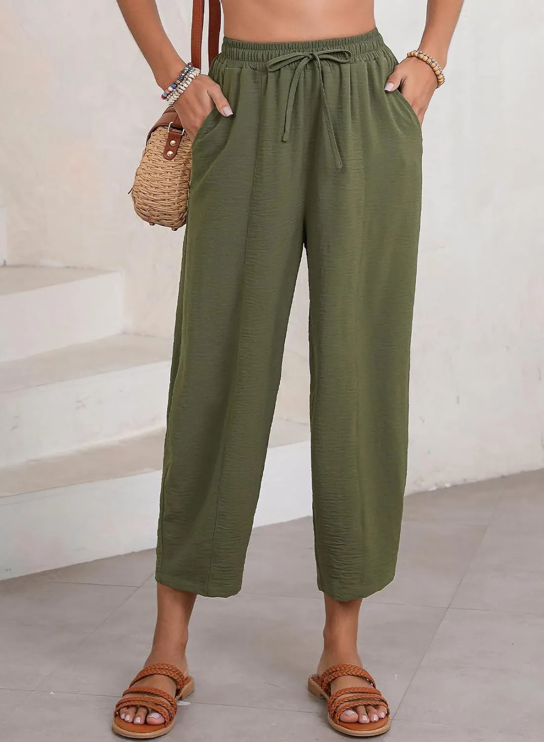 Women's Summer High Waisted Baggy Harem Pants Casual Ankle Length Trouser Slacks with Pockets