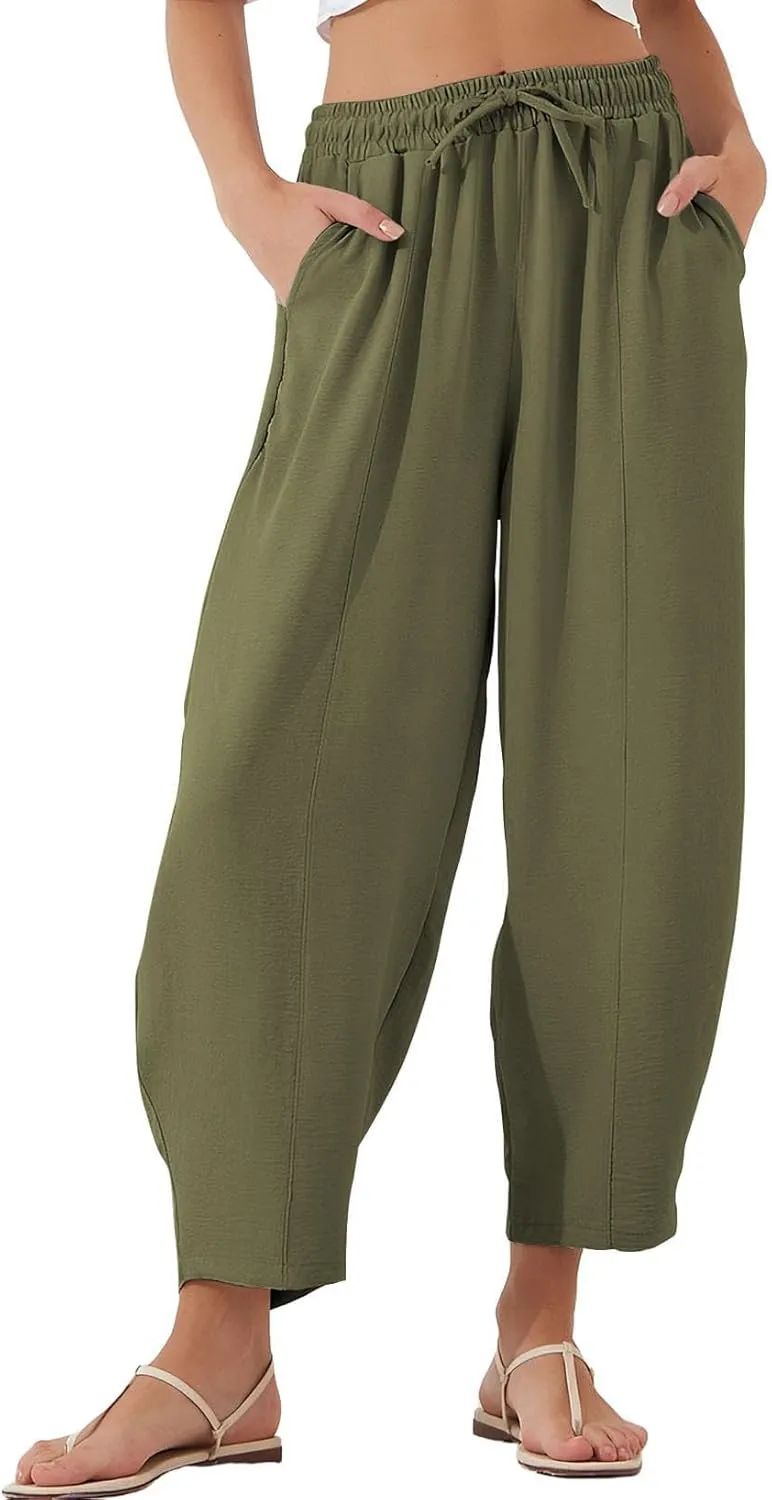 Women's Summer High Waisted Baggy Harem Pants Casual Ankle Length Trouser Slacks with Pockets