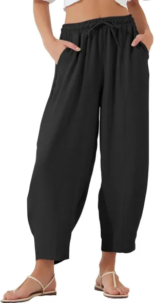 Women's Summer High Waisted Baggy Harem Pants Casual Ankle Length Trouser Slacks with Pockets
