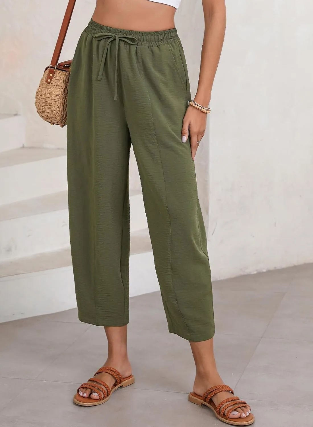 Women's Summer High Waisted Baggy Harem Pants Casual Ankle Length Trouser Slacks with Pockets