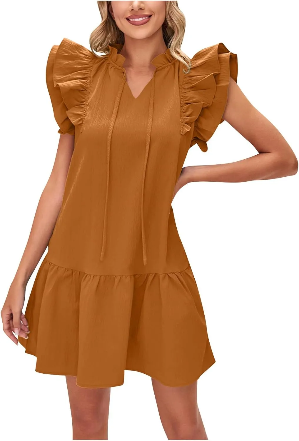 Women's Summer Mini Dresses 2025 Drawstring V Neck Casual Short Dress Ruffle Cap Sleeve Pleated Swing Sundress
