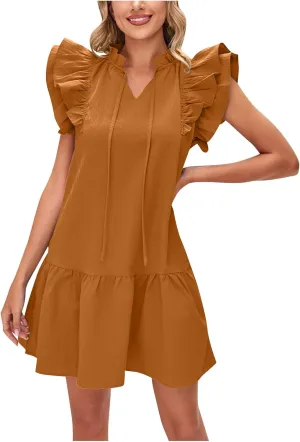 Women's Summer Mini Dresses 2025 Drawstring V Neck Casual Short Dress Ruffle Cap Sleeve Pleated Swing Sundress