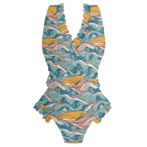Womens Sun in the Waves Ruffle Edge Cross-Front One Piece Swimsuit Bathing Suit