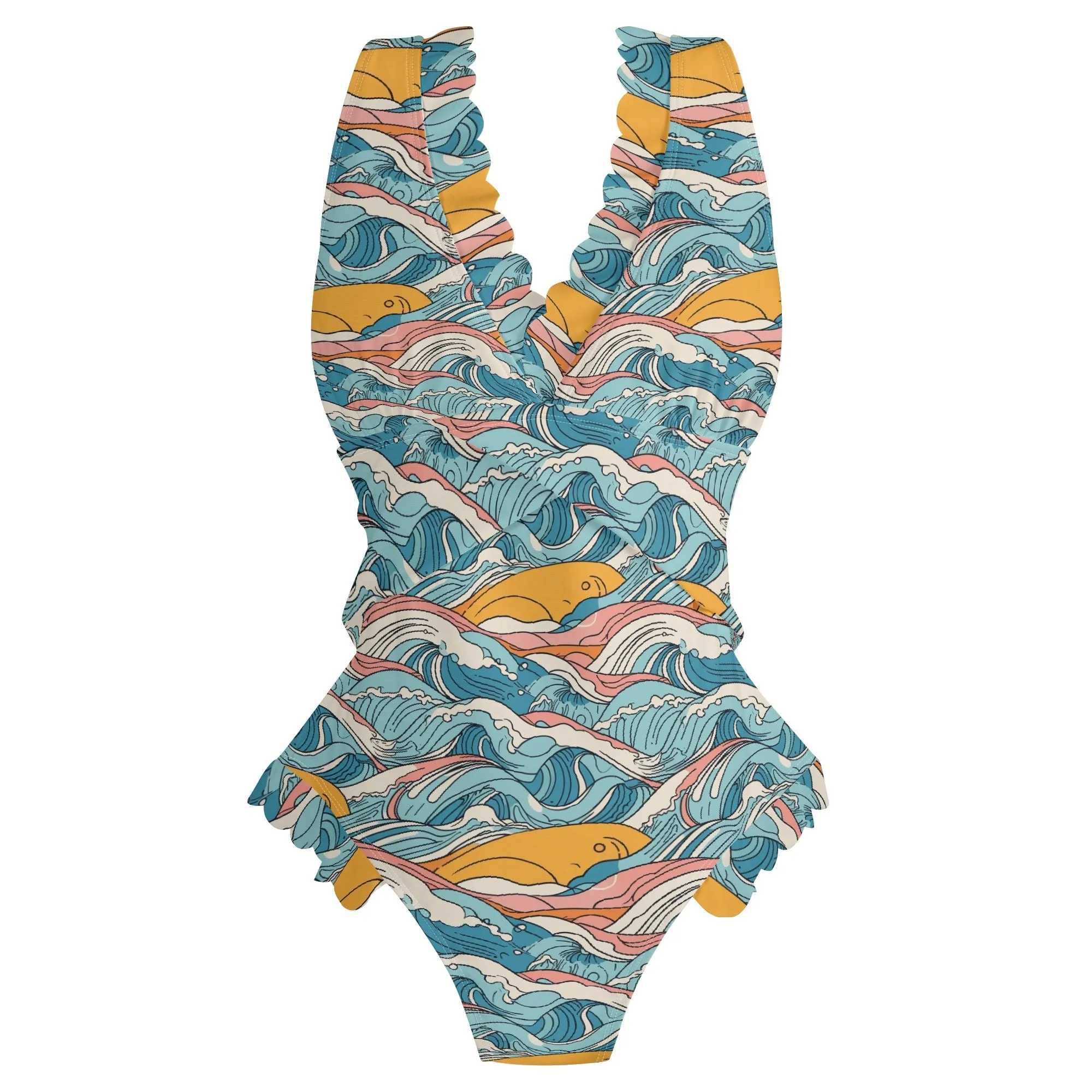 Womens Sun in the Waves Ruffle Edge Cross-Front One Piece Swimsuit Bathing Suit