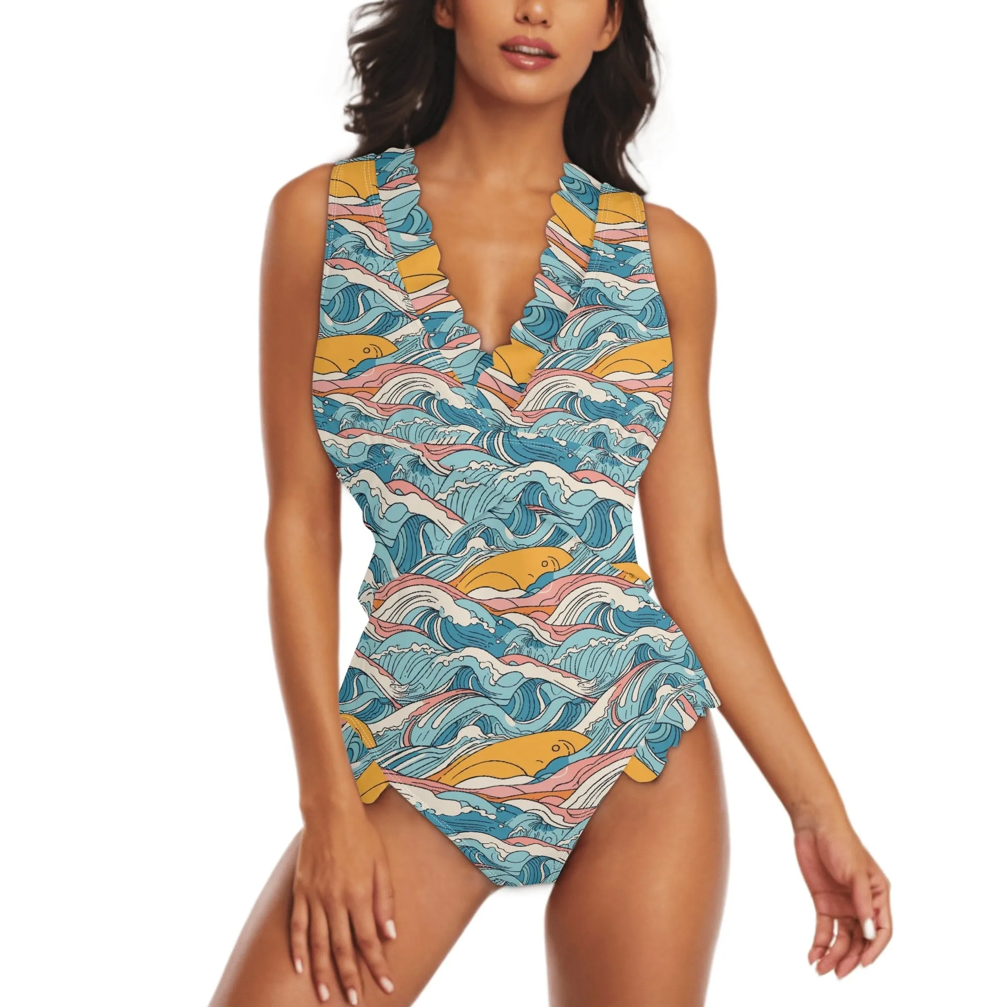 Womens Sun in the Waves Ruffle Edge Cross-Front One Piece Swimsuit Bathing Suit