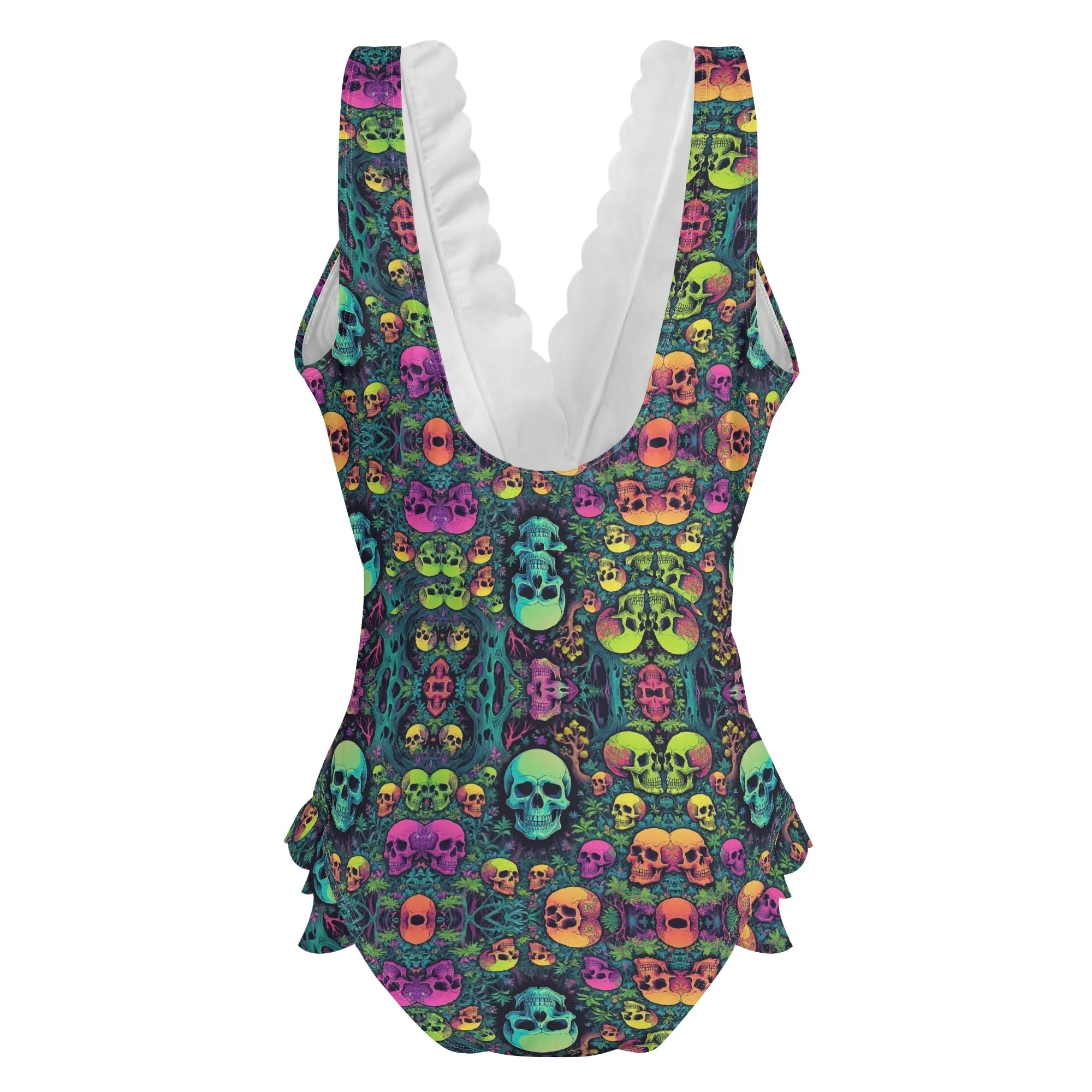 Womens Trippy Skulls Ruffle Edge Cross-Front One Piece Swimsuit Bathing Suit