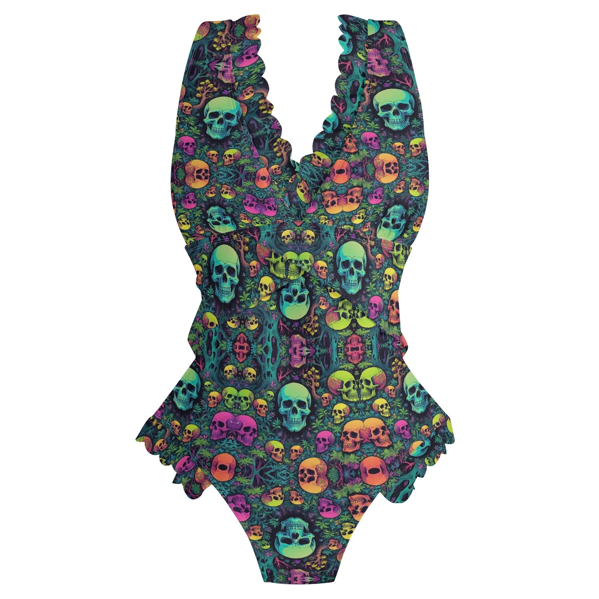 Womens Trippy Skulls Ruffle Edge Cross-Front One Piece Swimsuit Bathing Suit