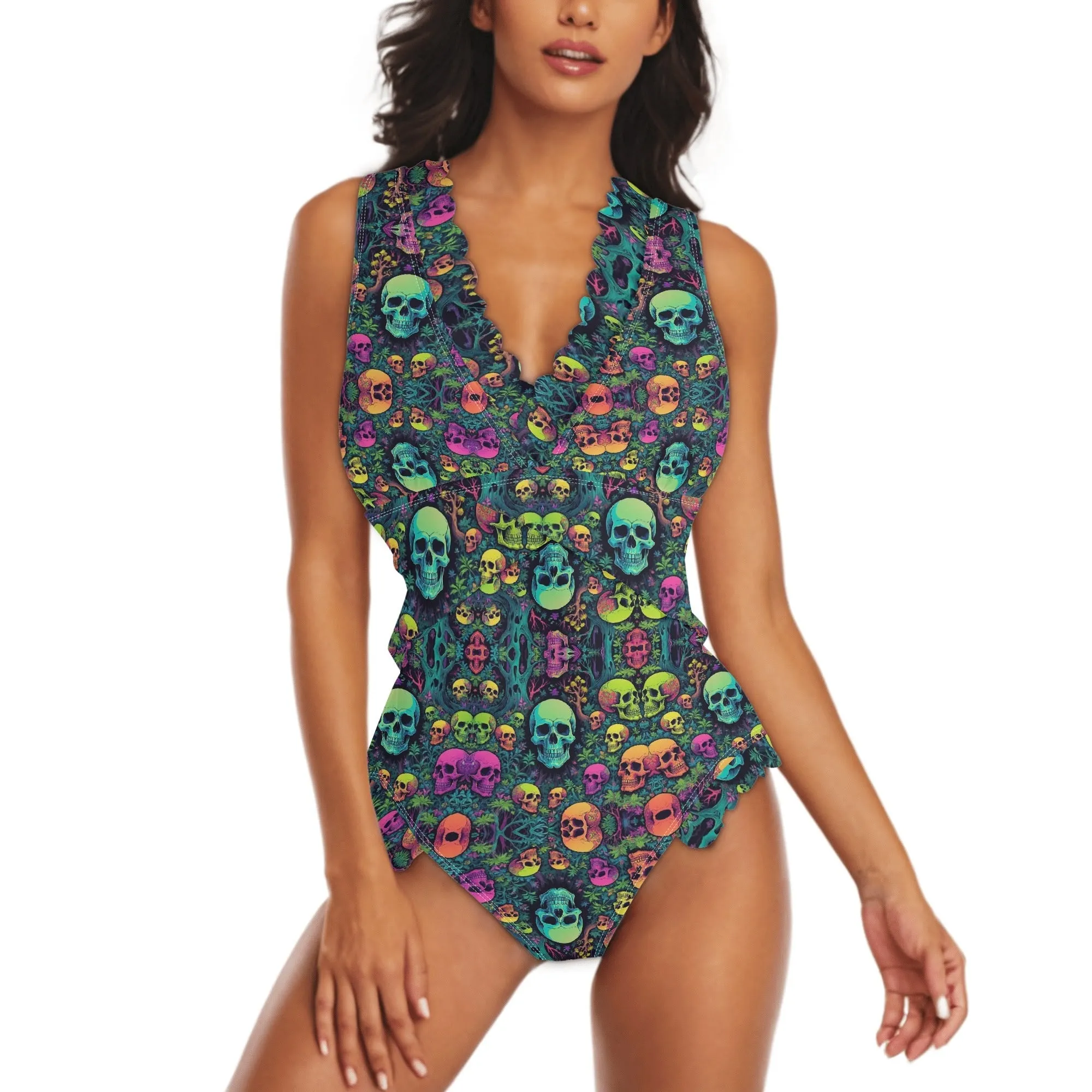 Womens Trippy Skulls Ruffle Edge Cross-Front One Piece Swimsuit Bathing Suit
