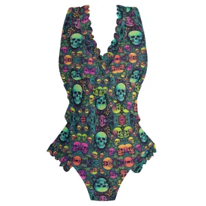 Womens Trippy Skulls Ruffle Edge Cross-Front One Piece Swimsuit Bathing Suit