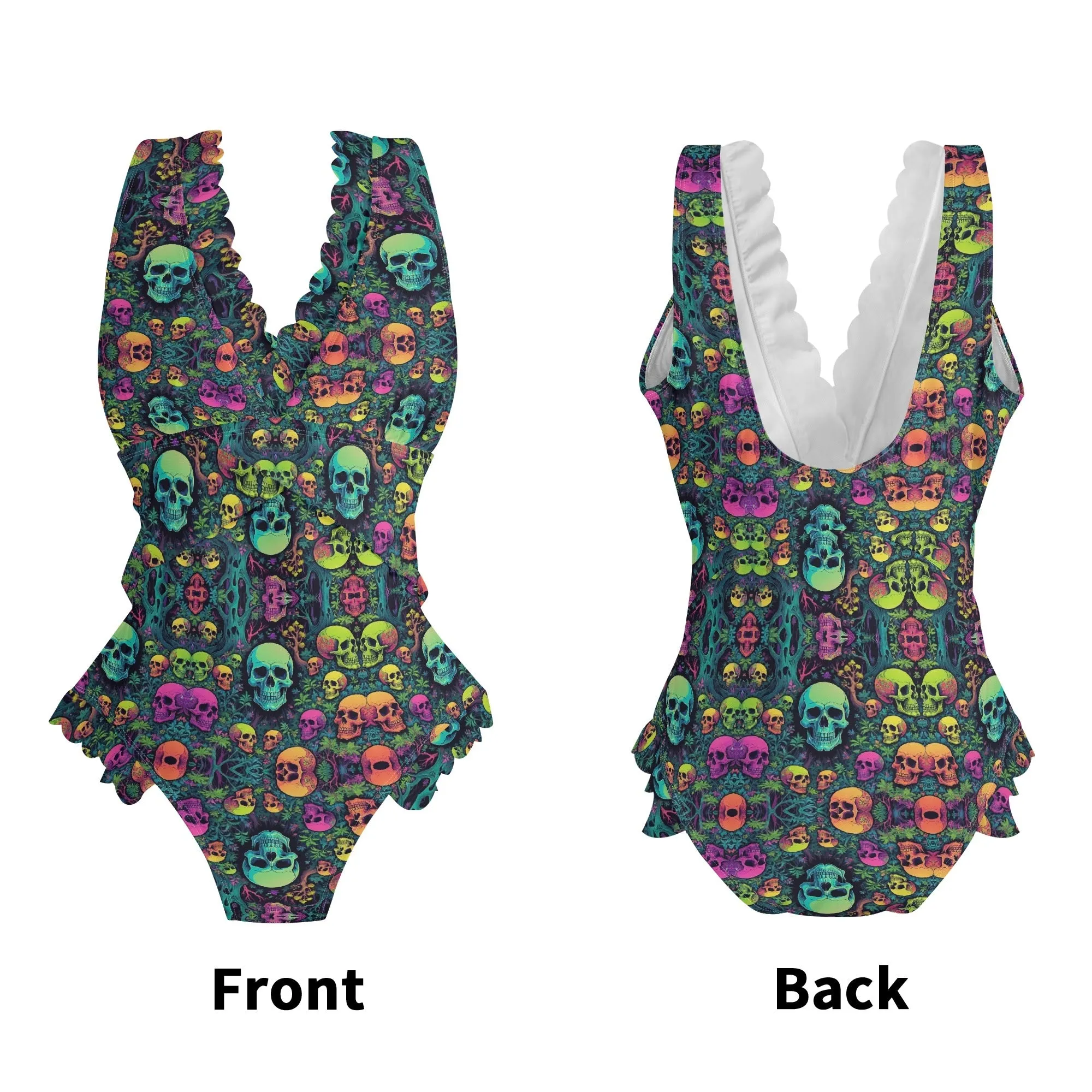 Womens Trippy Skulls Ruffle Edge Cross-Front One Piece Swimsuit Bathing Suit