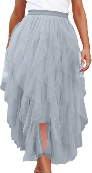 Women's Tulle Midi Skirt Elastic High Waist Flowy Pleated Skirts A line Swing Irregular Layered Mesh Fairy Tutu Skirt